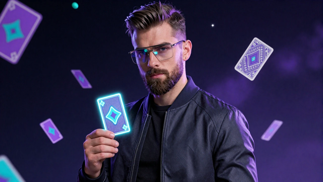 Selbstbewusster Mann mit Bart und Neon-Brille h&auml;lt eine leuchtende Karte im kosmischen Raum - GambleZen Casino Bonus mit Code JBVIP240