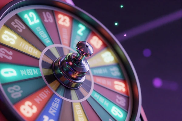 Buntes Crazy Time Gl&uuml;cksrad in Nahaufnahme mit Neonbeleuchtung im GambleZen Live Casino
