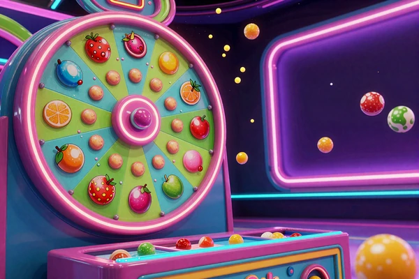 Buntes Sweet Bonanza CandyLand Set mit S&uuml;&szlig;igkeiten-Gl&uuml;cksrad im GambleZen Live Casino