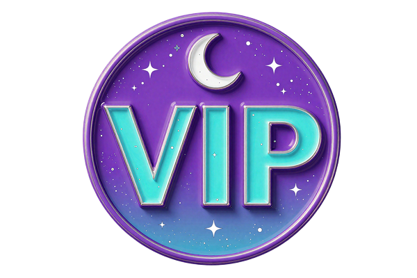 Leuchtendes violett-t&uuml;rkises VIP-Abzeichen mit Sterneffekten f&uuml;r den GambleZen VIP-Club