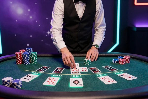 Live-Dealer am Blackjack-Tisch mit leuchtenden Karten im GambleZen Live Casino